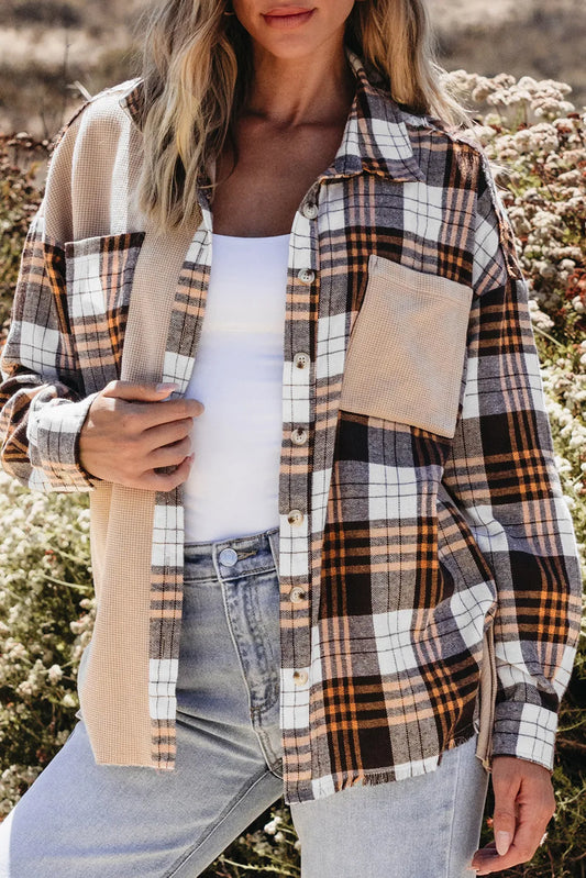 Pocketed Plaid Collared Neck Dropped Shoulder Shacket