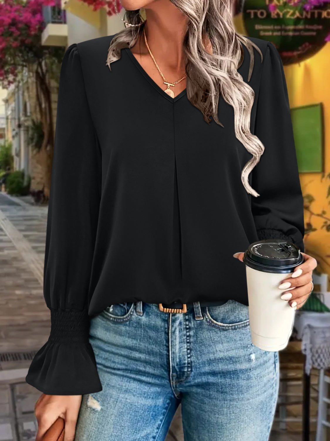 V-Neck Flounce Sleeve Blouse