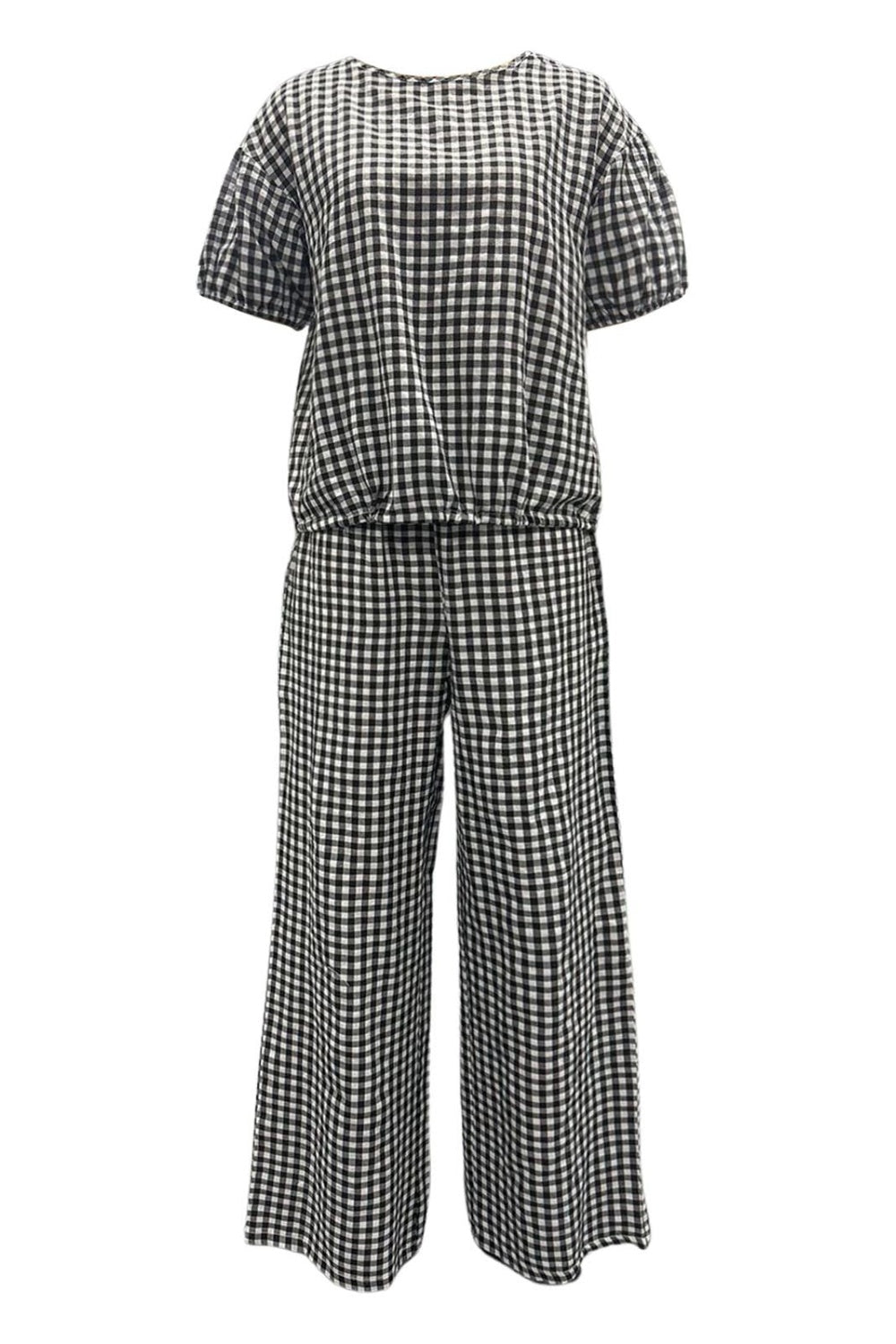 Full Size Plaid Round Neck Half Sleeve Top and Pants Set