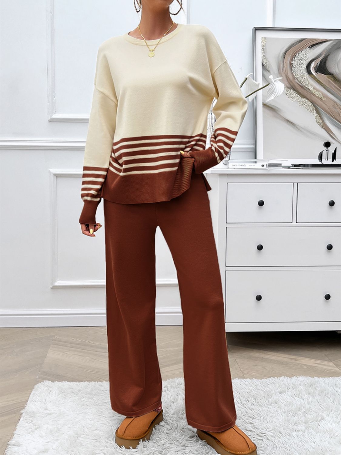 Devine Slit Striped Round Neck Top and Pants Sweater Set