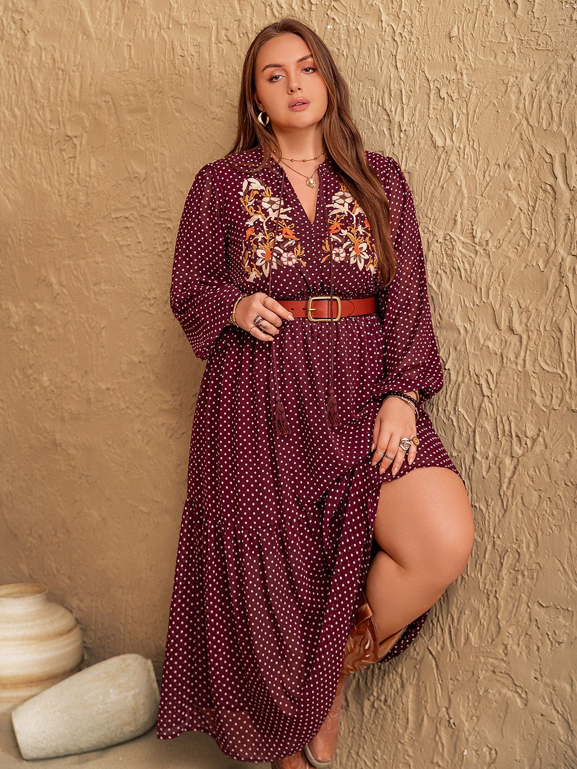 Plus Size Embroidered Polka Dot Tie Neck Long Sleeve Midi Dress