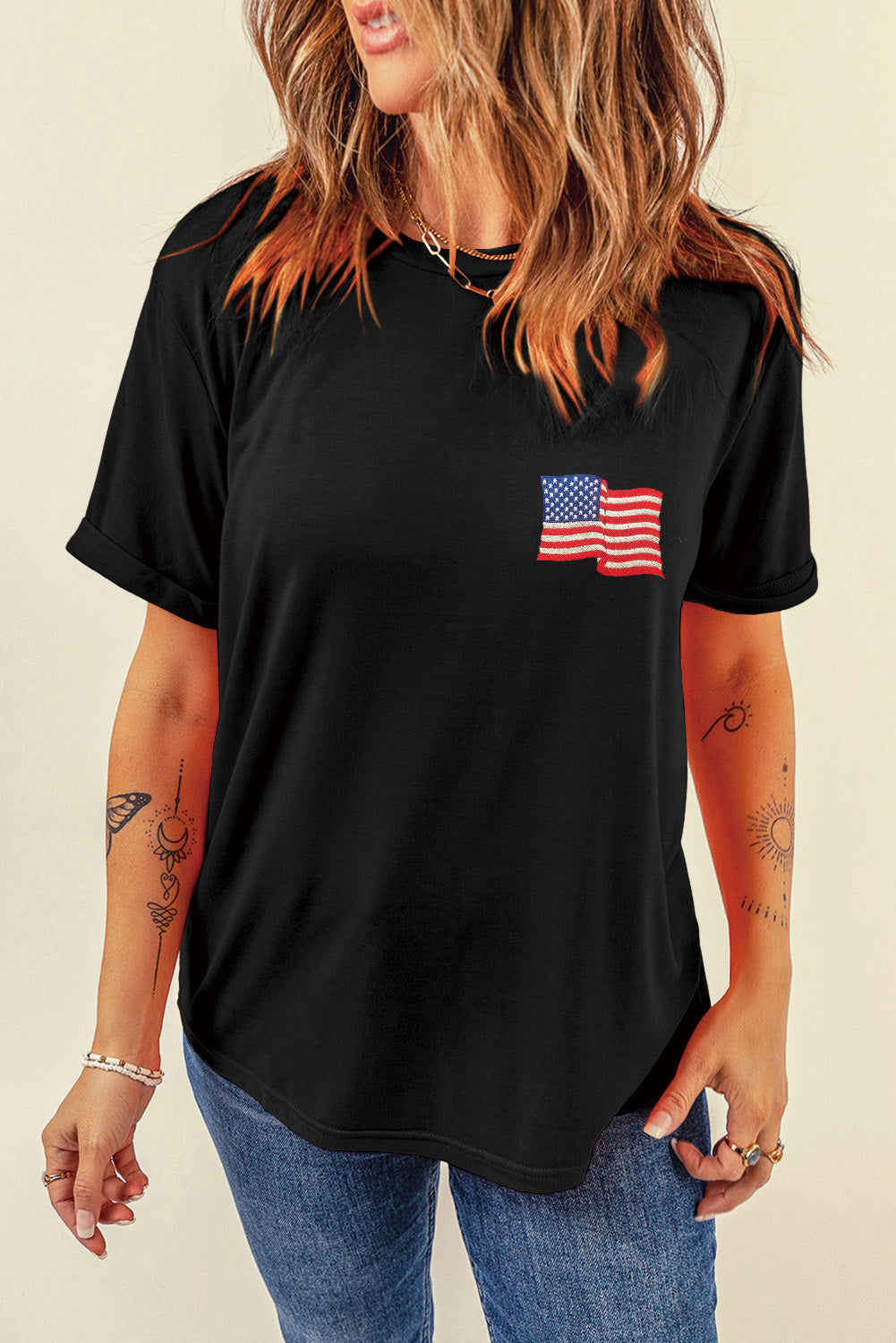 US Flag Round Neck Short Sleeve T-Shirt