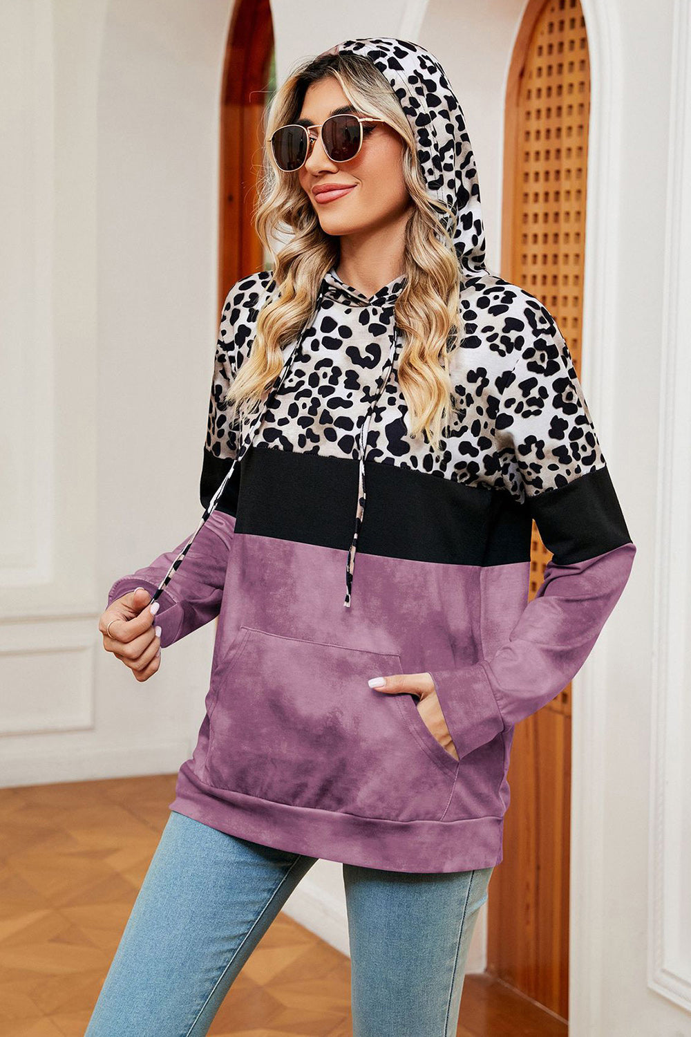 Leopard Drawstring Hoodie with Pocket