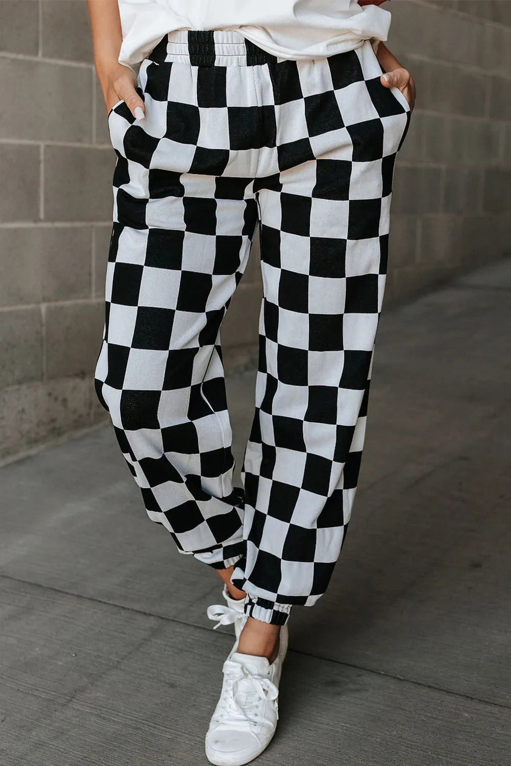 Checkered Elastic Waist Joggers