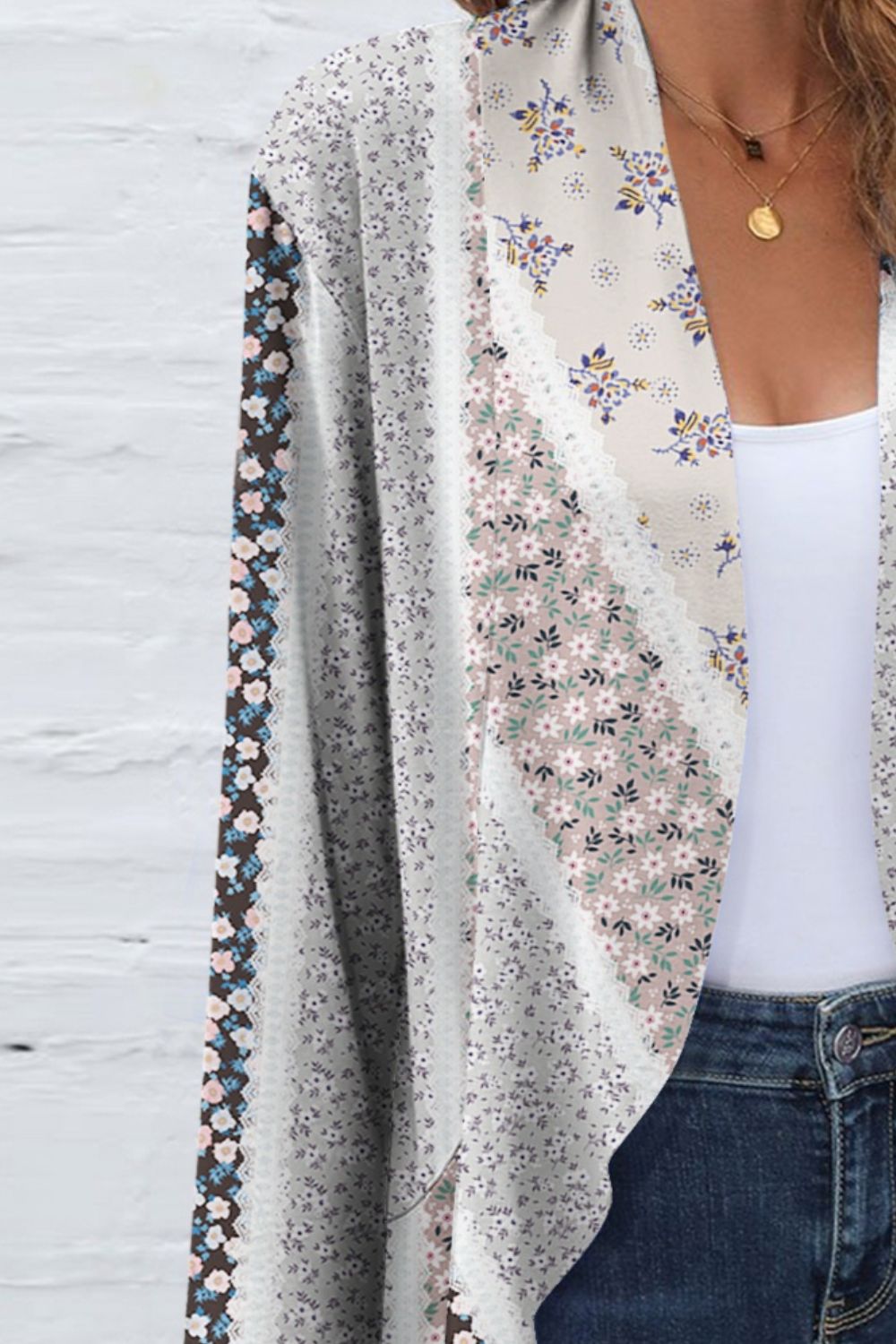 FAM-FAM Printed Open Front Long Sleeve Cardigan