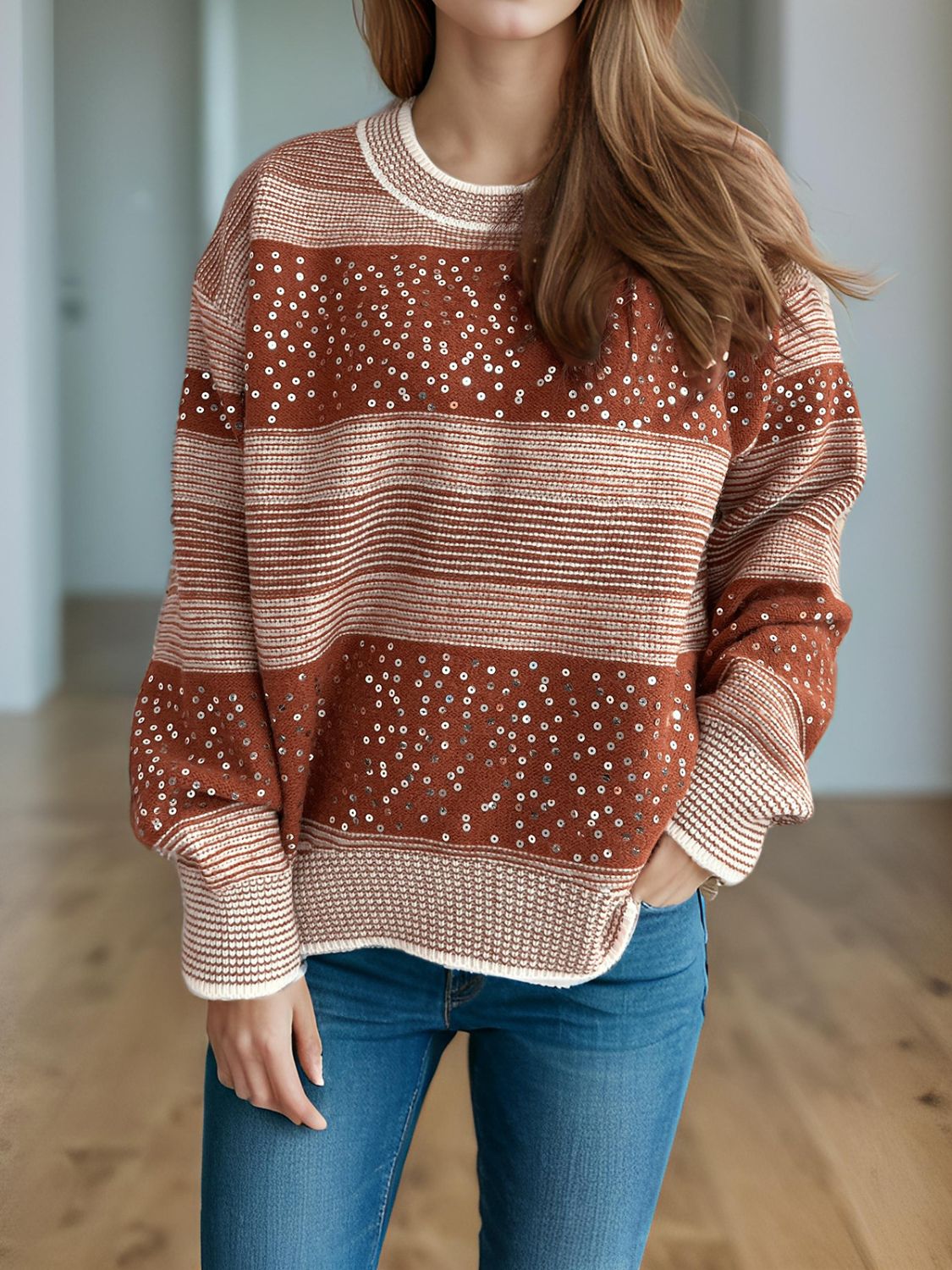 Sequin Color Block Round Neck Sweater