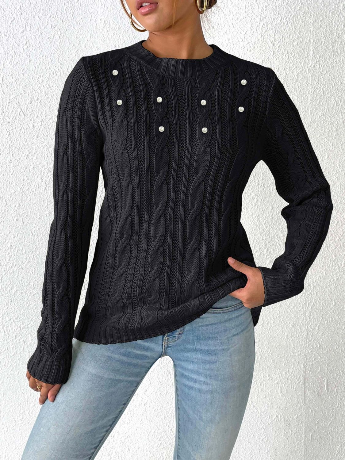 Cable-Knit Round Neck Long Sleeve Sweater