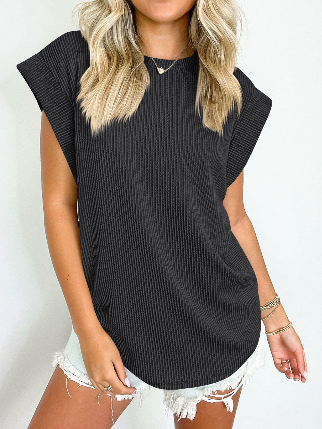 Lovelet Textured Round Neck Cap Sleeve Blouse