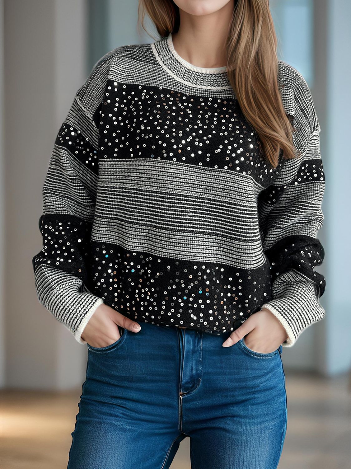 Sequin Color Block Round Neck Sweater