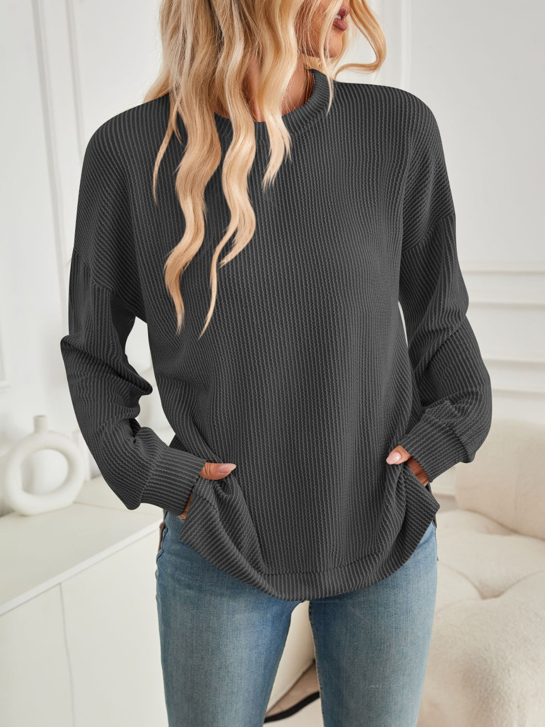 Lovelet Slit Round Neck Long Sleeve Sweatshirt