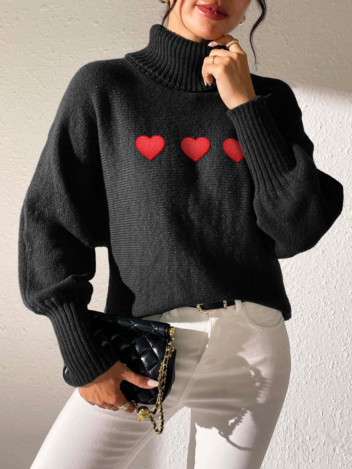 Heart Turtleneck Long Sleeve Sweater