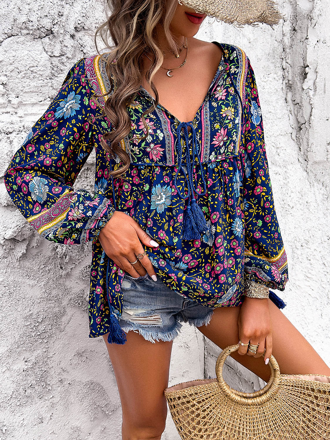 Devine Printed Tie Neck Long Sleeve Blouse