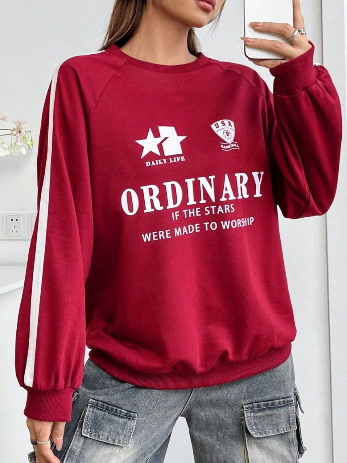 Letter Graphic Round Neck Long Sleeve Sweatshirt