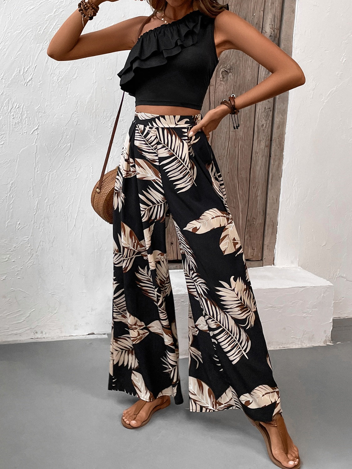 Honey Ruffled Sleeveless Top and Printed Pants Set