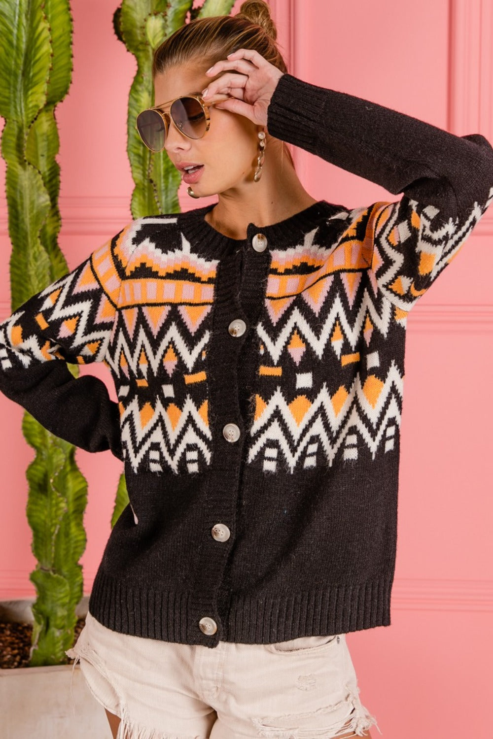 BiBi Ethnic Pattern Button Up Knit Cardigan