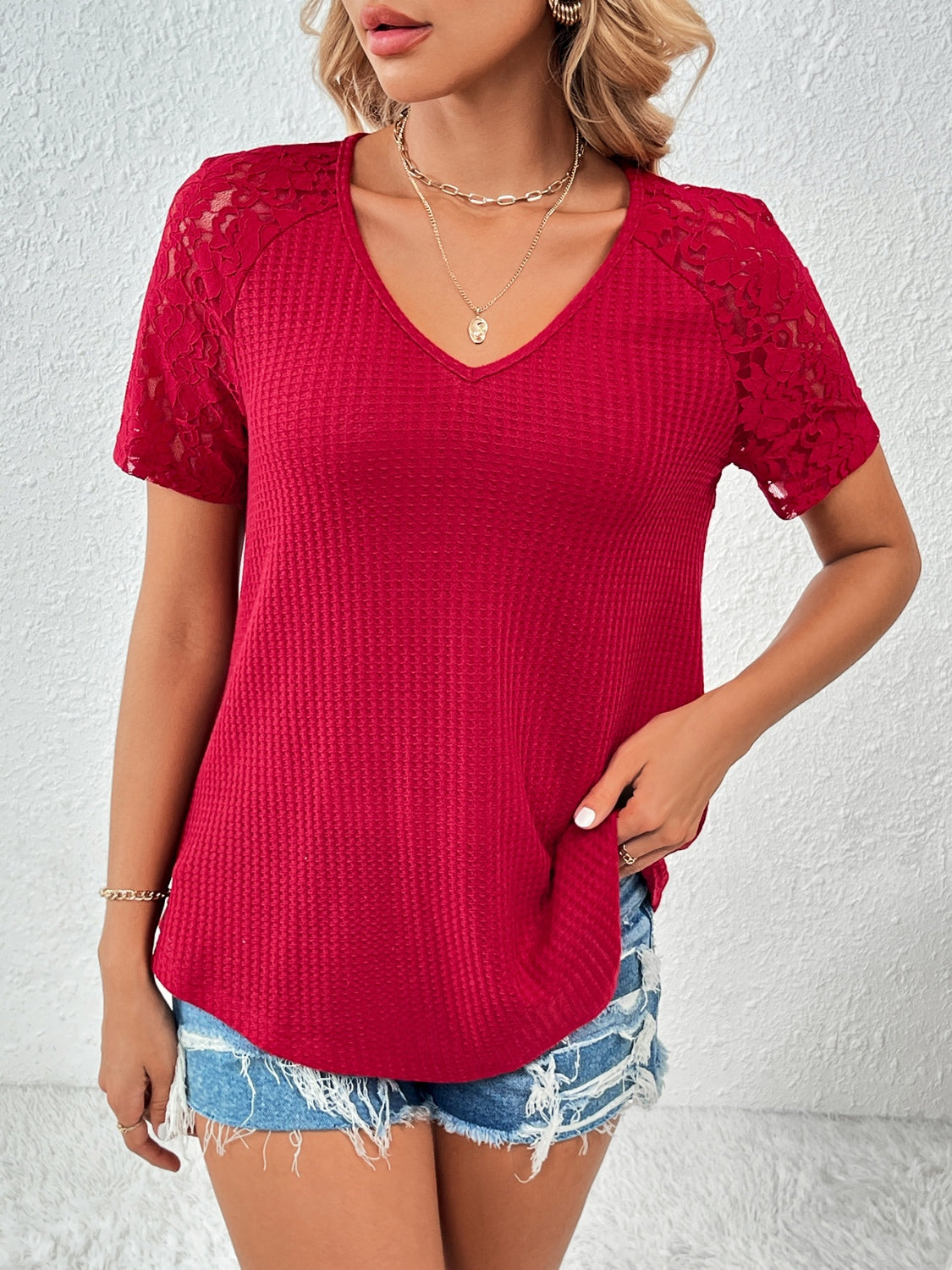 Ivy Lane Lace Detail V-Neck Short Sleeve T-Shirt