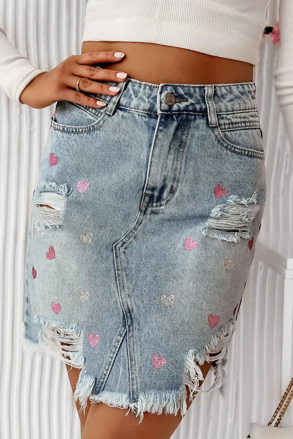 Distressed Raw Hem Heart Mini Denim Skirt