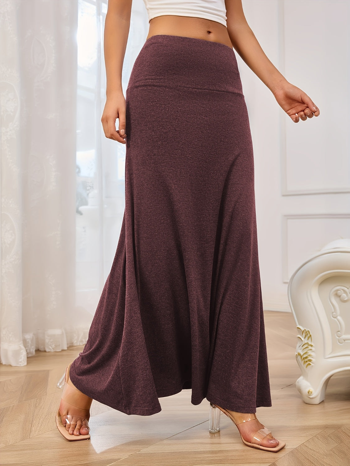 Solid Elastic Waist Maxi Skirt